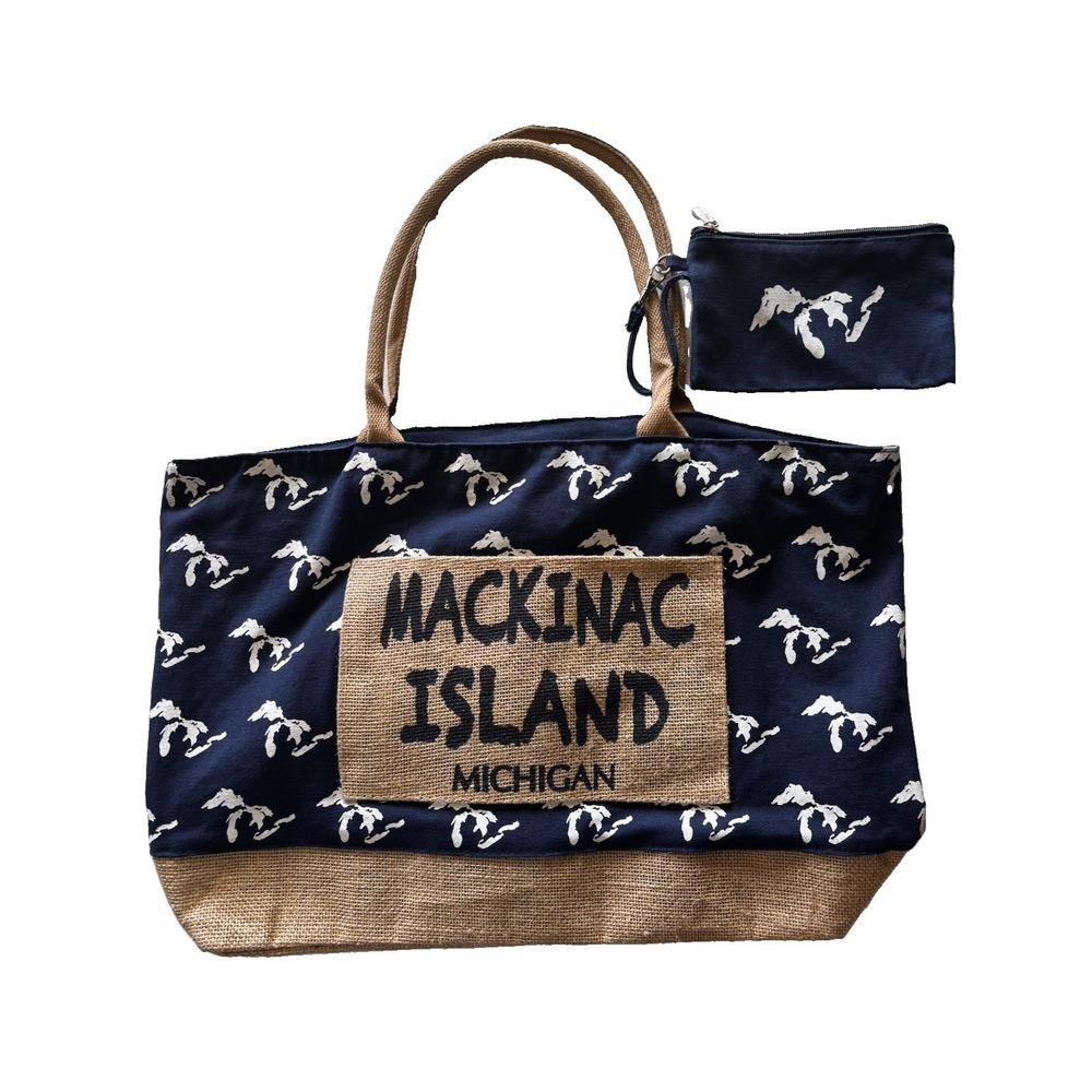 Shantie Mackinac Island Tote Bag Pouch Great Lakes Jute Burlap Blue Canvas